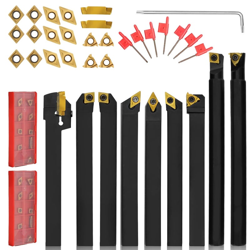 Joogto Indexable Lathe Turning Tool 27Pcs Kit 3/8'' 10mm Shank, 9Pcs Metal Lathe Tools Holder Set with 18Pcs Inserts, for Turning Grooving Threading Boring, Lathe Tooling with Reverse Tool Design - Image 1
